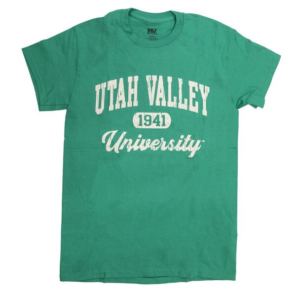 Green soft cotton tee with a retro distressed vibe "Utah Valley" over the establish date and "University" in cursive below